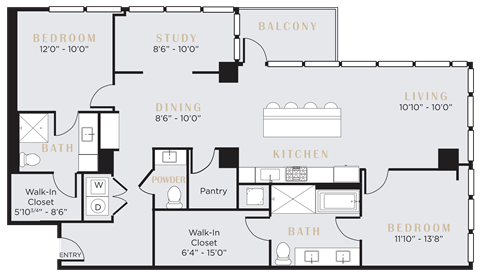 Floor plan for 2 beds, 2.5 baths, 1778 sqft